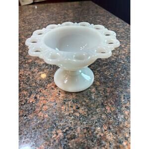 Vintage Anchor Hocking Old Colony Lace Edge Milk Glass Pedestal Candy Dish 5"